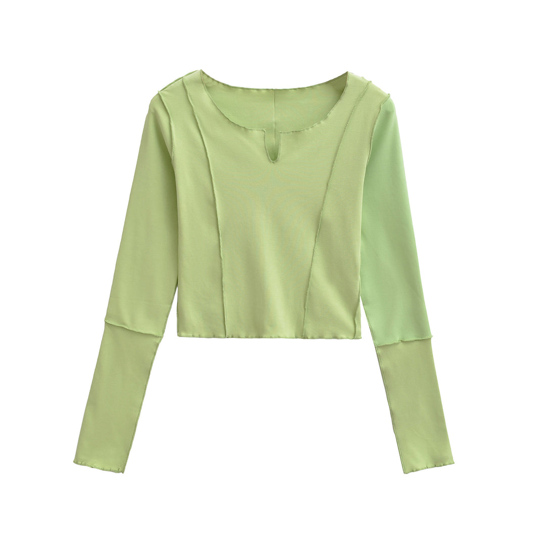 Damen Kurzes Langarmshirt mit sichtbaren Rollnähten und Notch-Ausschnitt Nord Taschen