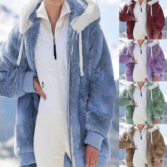 Damen Oversized Sherpa-Zipjacke mit Kontrastkragen, Rippbündchen und Kordelzug Nord Taschen