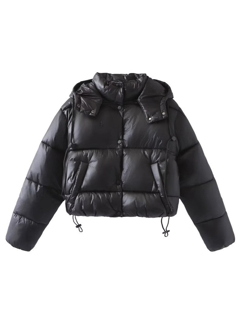 Damen Glänzende Cropped Pufferjacke mit Kordelzug und Druckknopfblende Nord Taschen
