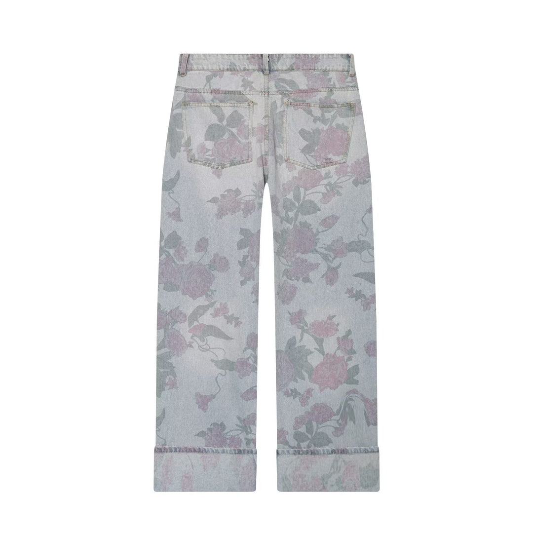 Damen Weite Blumenprint-Denimhose mit geradem Bein und Umschlag Nord Taschen