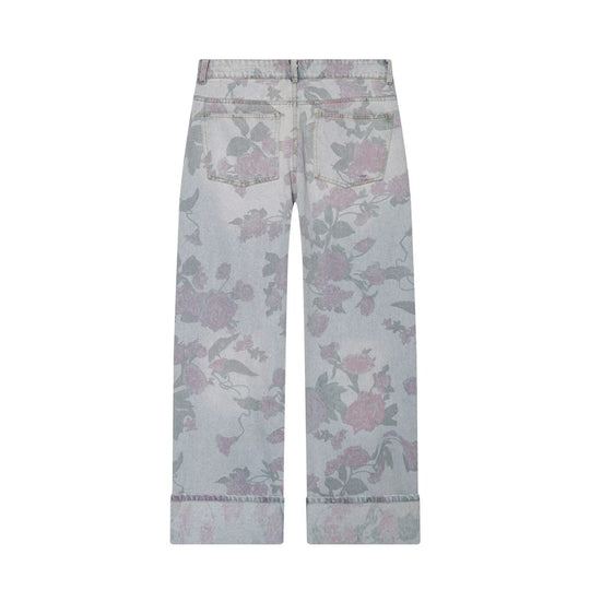 Damen Weite Blumenprint-Denimhose mit geradem Bein und Umschlag Nord Taschen