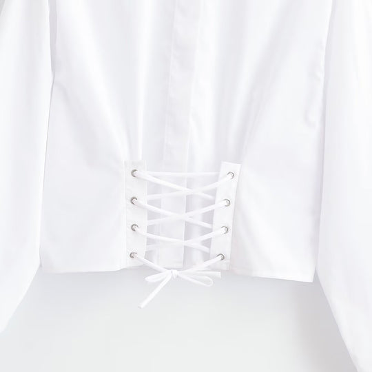 Damen Cropped Bluse mit Schnürkorsett‑Taillierung und Stehkragen Nord Taschen