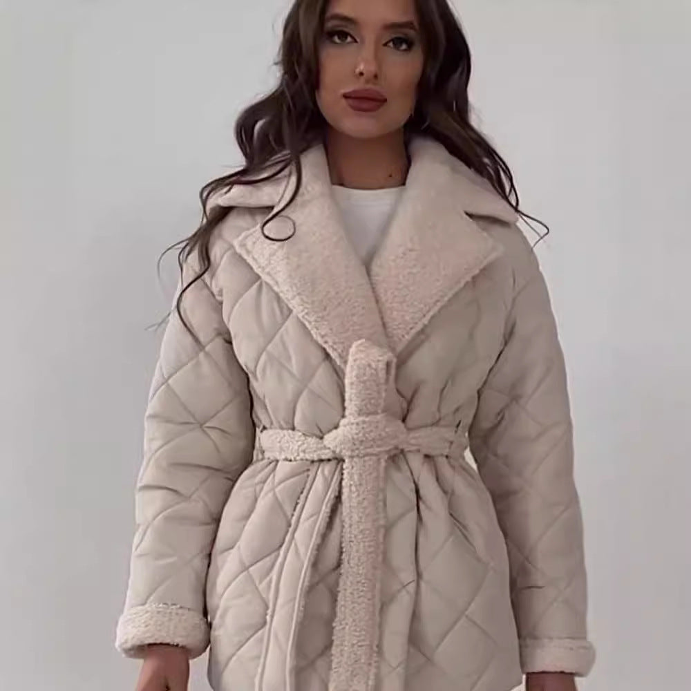 Damen Steppjacke mit Teddy-Futter Taillengürtel und großem Schalkragen Nord Taschen