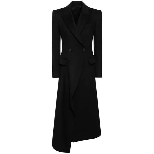 Damen Maxilanger Asymmetrischer Doppelreihiger Blazer‑Mantel mit betonter Schulter Nord Taschen