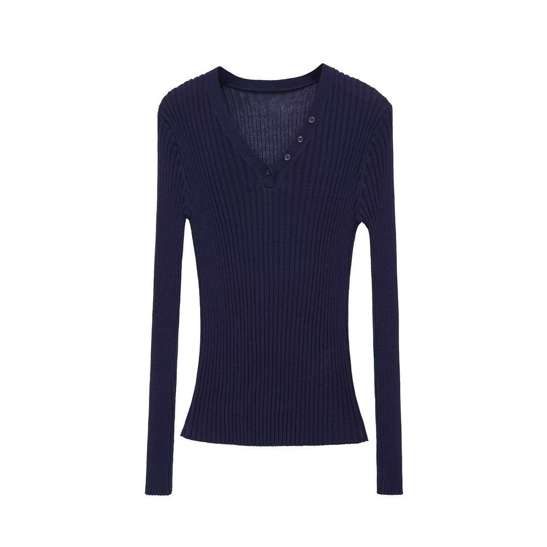 Damen Figurbetontes Rippstrick-Longsleeve mit V-Ausschnitt und Zierknopfleiste Nord Taschen