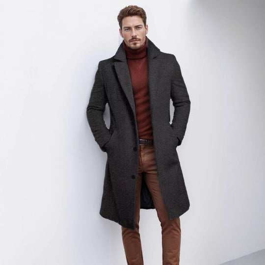 Herren langer Wollmixmantel mit Boucléstruktur, taillierter Silhouette und klassischem Revers Nord Taschen