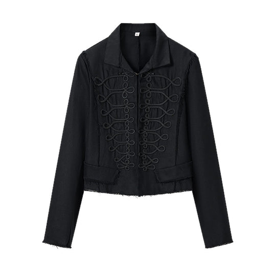 Damen Kurze militärisch inspirierte Jacke mit Zierkordeln und fransigem Saum Nord Taschen