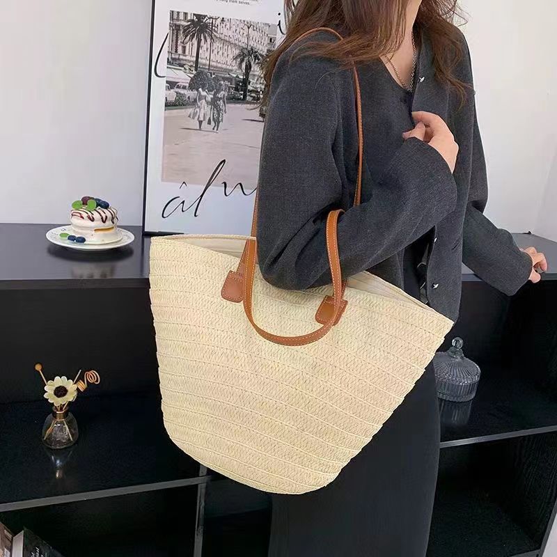 Damen Stroh-Tasche mit hochwertigen Kunstledergriffen Nord Taschen
