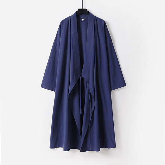 Unisex Langer Kimono-Mantel aus leichtem Baumwollmix mit drapierter Front und Bindeschlaufe Nord Taschen