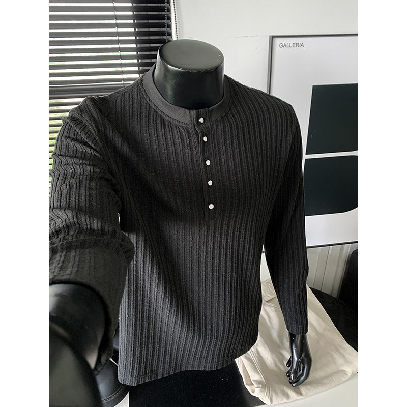 Herren Feinstrick-Henley mit Stehkragen, Rippstruktur und Knopfleiste Nord Taschen