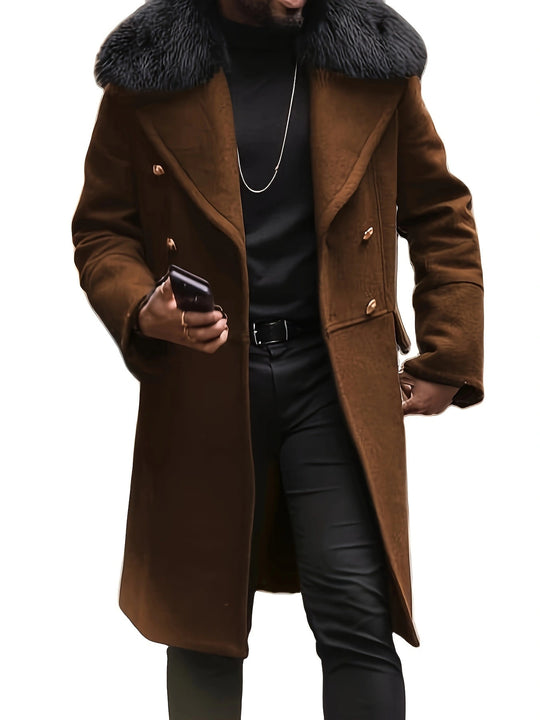 Herren Langer Doppelreihiger Mantel mit voluminösem Teddykragen und eleganten Metallknöpfen Nord Taschen