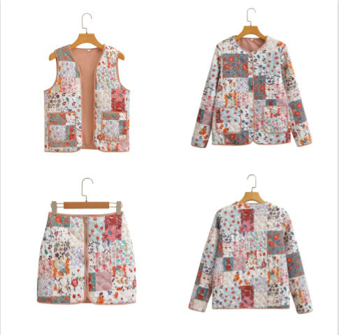 Damen Gesteppte Patchwork-Jacke Weste und Minirock-Set Nord Taschen