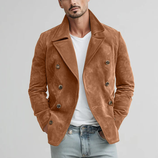 Herren Doppelreihige Velourslederjacke im Kurzmantel-Blouson mit markantem Revers Nord Taschen