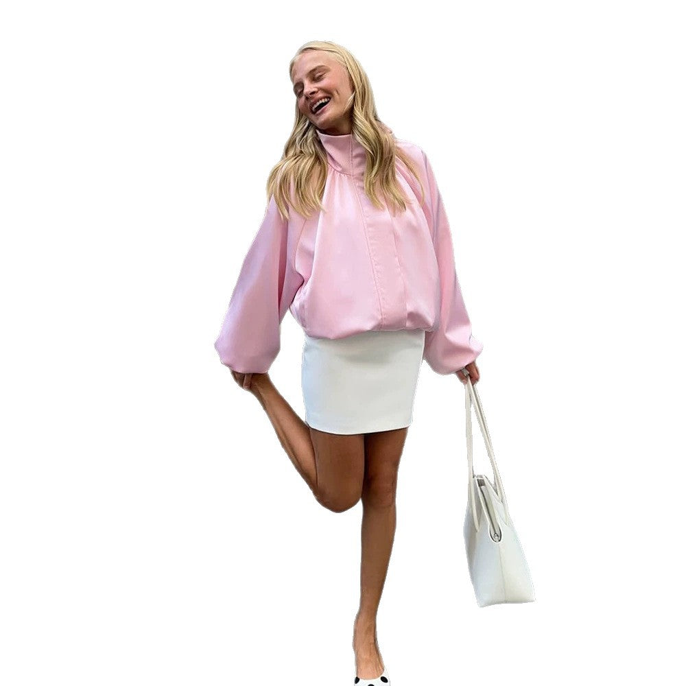 Damen Oversize-Blousonbluse mit Stehkragen, geraffter Schulterpasse und Ballonärmeln Nord Taschen
