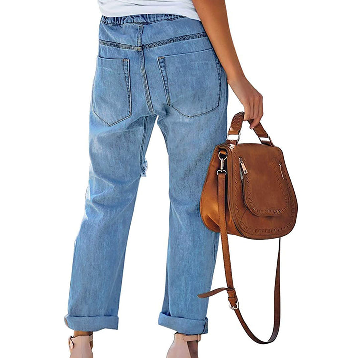 Damen lässige Destroyed-Denim-Jogger mit elastischem Kordelbund und aufgesetzten Fronttaschen Nord Taschen