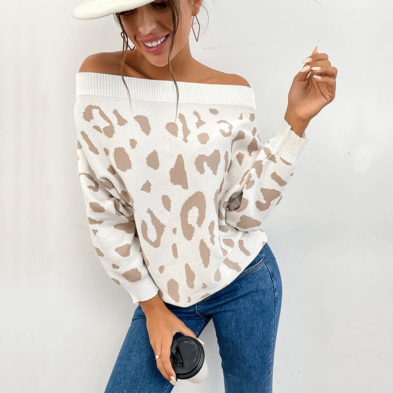 Damen Oversize-Schulterfreier Feinstrickpullover mit Animal-Jacquard und breitem Umschlagkragen Nord Taschen