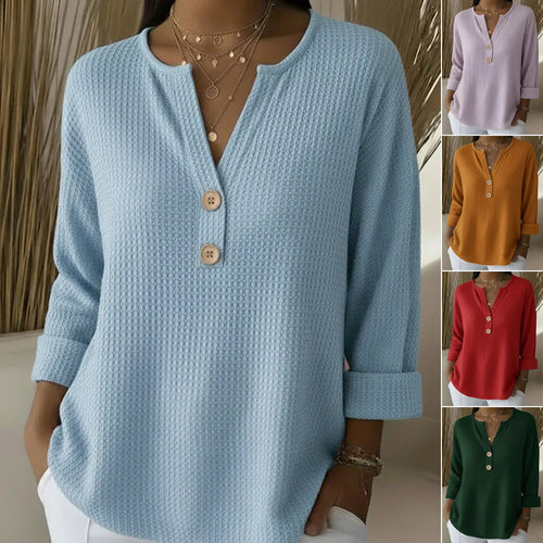 Damen Waffelstrick-Henleyshirt mit Holzknöpfen und krempelbaren Ärmeln Nord Taschen