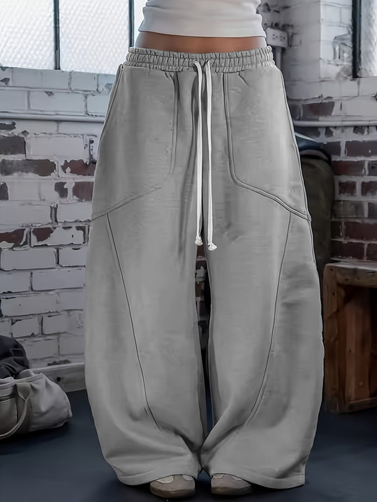 Damen Weite Baggy-Sweatpants mit hohem Elastikbund, Kordelzug und Teilungsnähten Nord Taschen