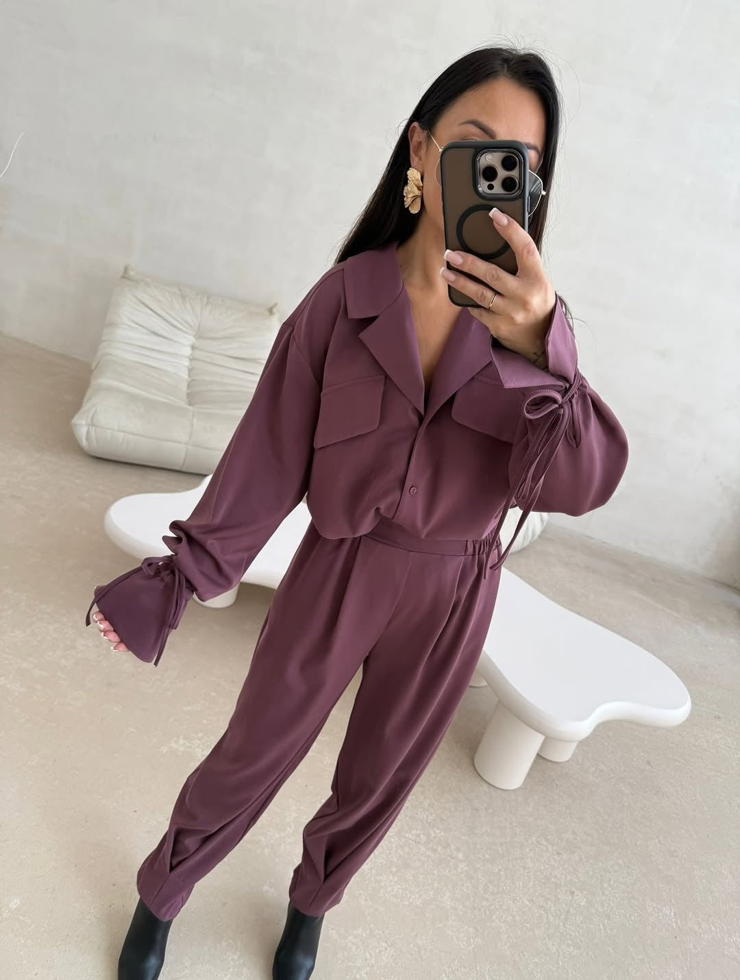 Damen Zweiteiliges Loungewear-Set mit Oversized-Bluse, Pattentaschen, Kordelmanschetten und hochtaillierter Jogpant Nord Taschen