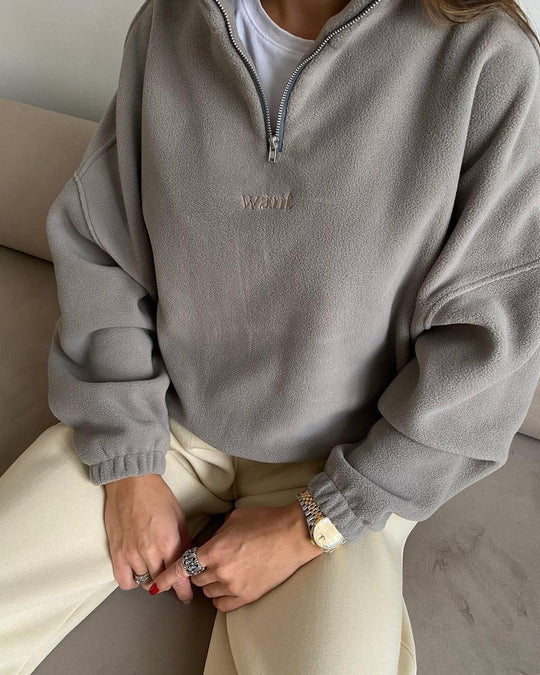 Damen Fleece-Halbzip-Sweatshirt oversized mit Stehkragen, Kängurutasche-Optik und elastischen Bündchen Nord Taschen