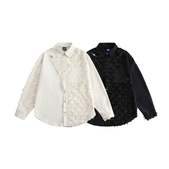 Damen Blusen-Overshirt mit flauschiger Fransenstruktur und Kentkragen Nord Taschen