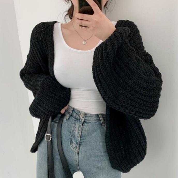 Damen grob gestrickte Oversized Cardigan mit tiefem V-Ausschnitt
