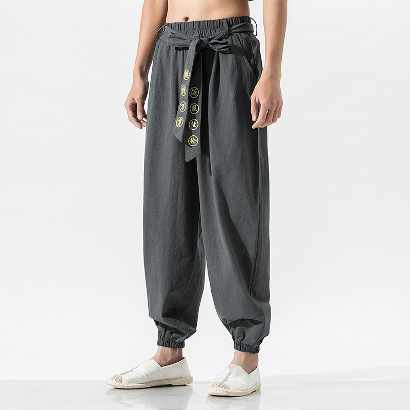 Damen weite Leinenhose mit Tunnelzug Bund Bindedetail und elastischen Knöchelabschlüssen Nord Taschen