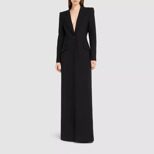 Damen Langes tailliertes Blazerkleid mit tiefem V‑Ausschnitt und strukturierten Schulterpolstern Nord Taschen