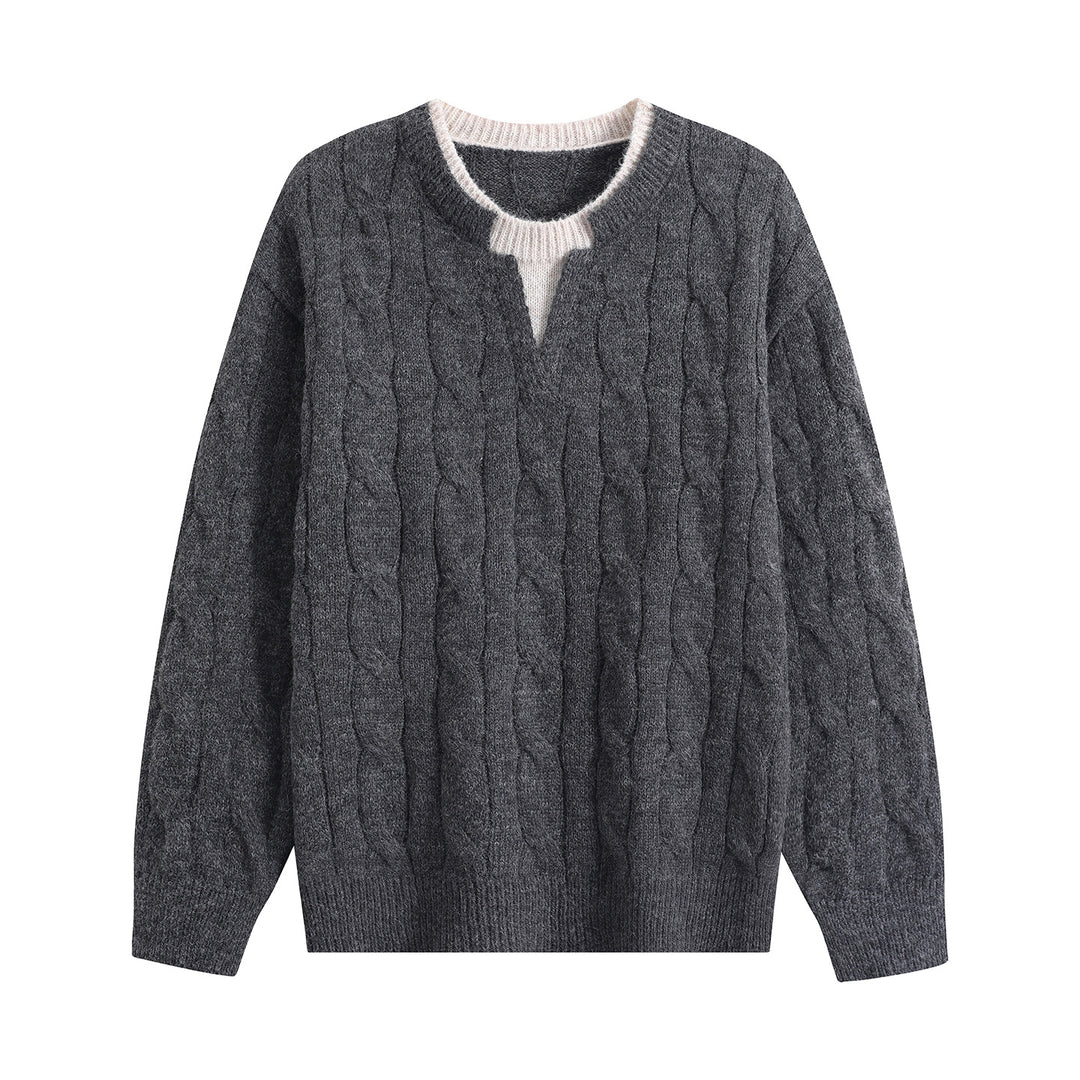 Damen Oversize Zopfmuster-Pullover mit V‑Schlitzkragen Nord Taschen