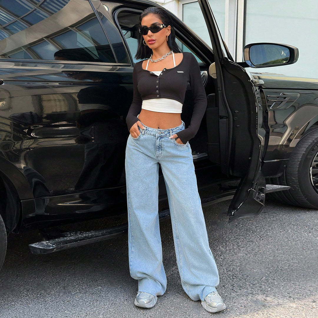 Damen High‑Waist Oversize-Jeans mit weitem Bein und seitlichen Keilschlitzen Nord Taschen