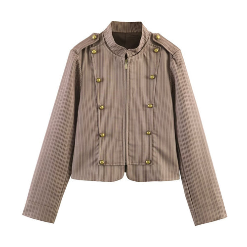 Damen Kurzgeschnittene militärinspirierte Jacke mit Stehkragen und doppelter Zierknopfreihe Nord Taschen