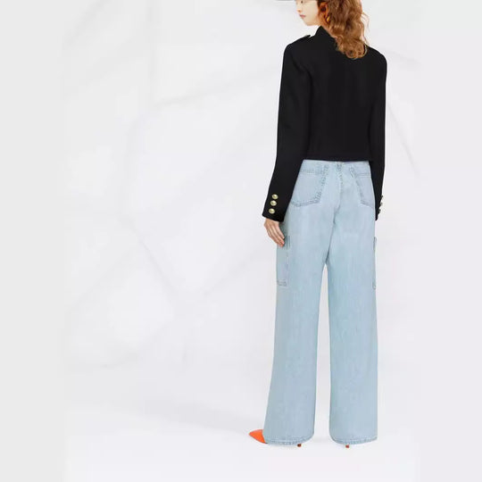 Damen Taillierter Kurzer Military‑Blazer mit Zierknöpfen und Stehkragen Nord Taschen