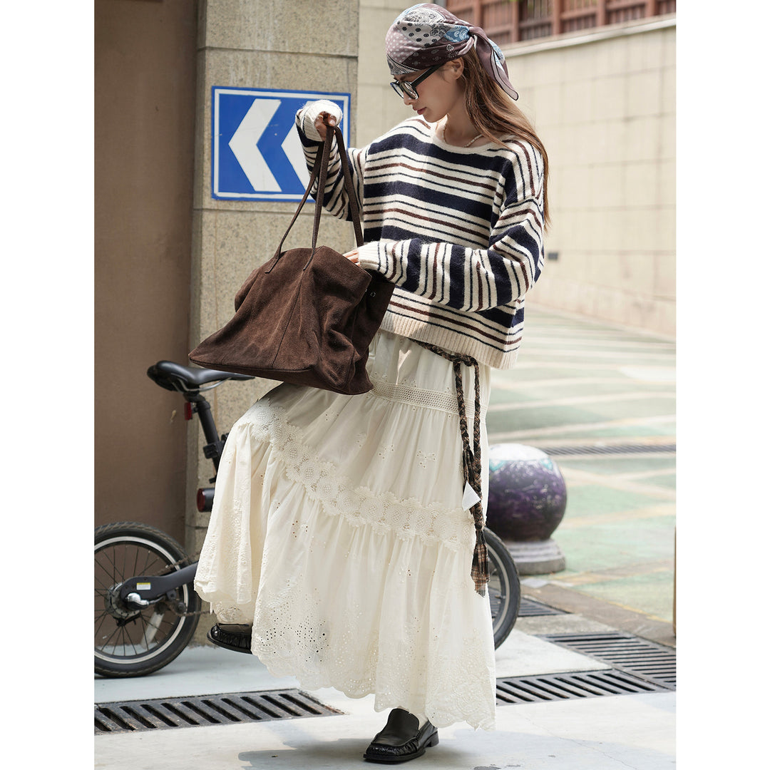 Damen Weicher Oversize-Streifenpullover mit U-Boot-Ausschnitt und Flauschoptik Nord Taschen