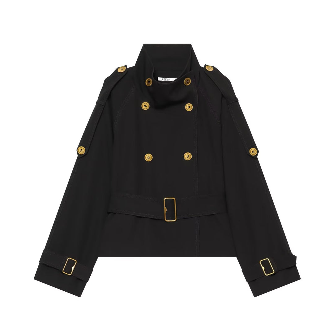 Damen Kurzer doppeltreihiger Trench‑Cape mit Schulterklappen und Taillengürtel Nord Taschen