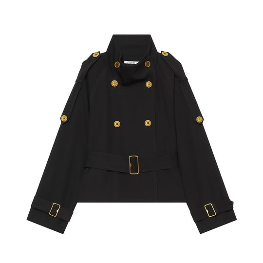 Damen Kurzer doppeltreihiger Trench‑Cape mit Schulterklappen und Taillengürtel Nord Taschen