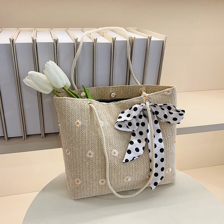 Damen geflochtene Strandtasche mit dekorativem Blumendetail Nord Taschen