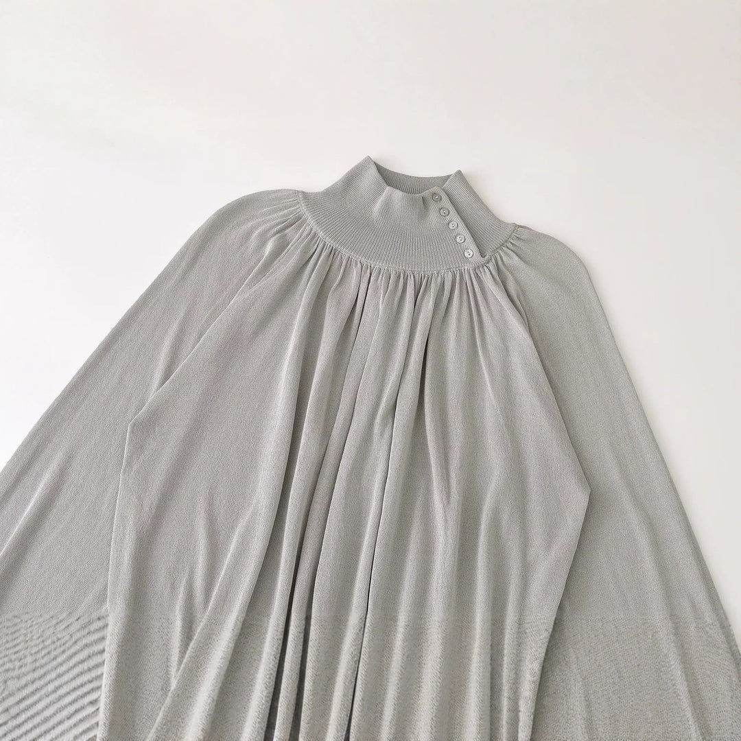 Damen Ballonärmel-Feinstrickpullover mit gerafftem Stehkragen und Knopfdetail Nord Taschen