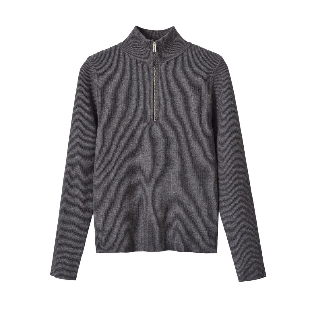 Damen Gerippter Halbzip-Strickpullover mit Stehkragen Nord Taschen