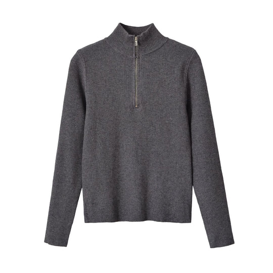 Damen Gerippter Halbzip-Strickpullover mit Stehkragen Nord Taschen