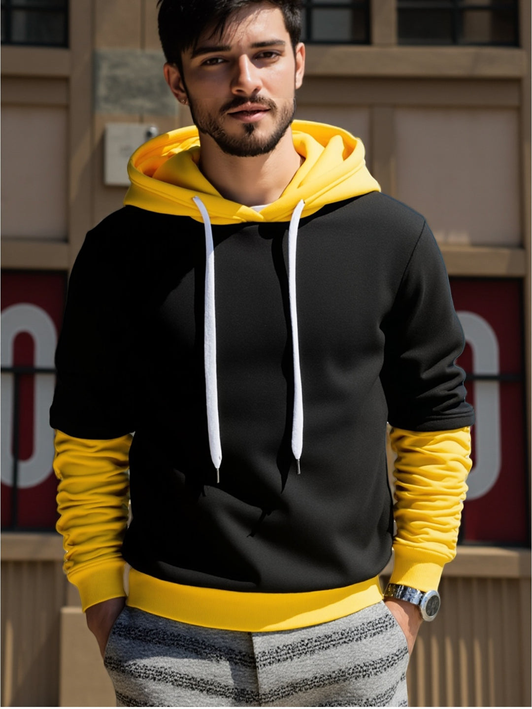 Herren Kapuzenpullover im Lagen-Look mit Kontrastkapuze und Kordelzug Nord Taschen