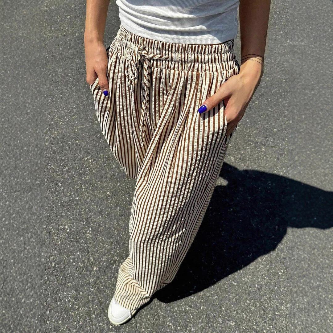 Damen Marlene-Streifenhose aus Leinenmix mit weitem Bein, Elastikbund und Kordelzug Nord Taschen