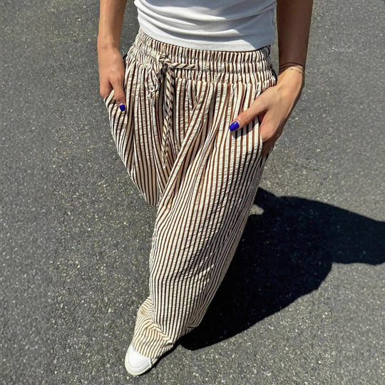 Damen Marlene-Streifenhose aus Leinenmix mit weitem Bein, Elastikbund und Kordelzug Nord Taschen