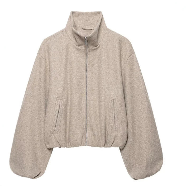Damen Cropped‑Fleece‑Bomberjacke mit Stehkragen, balligen Ärmeln und elastischem Saum Nord Taschen