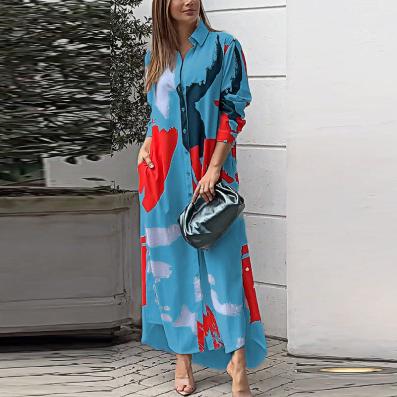 Damen Langes Hemdblusenkleid mit abstraktem Pinselprint und seitlichen Eingrifftaschen Nord Taschen