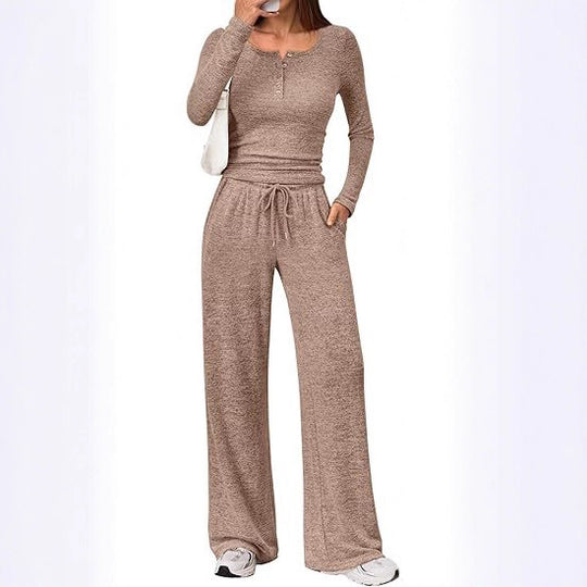 Damen Zweiteiliges Lounge-Set mit Henley-Top und weitem Jogginghose Schnitt Nord Taschen