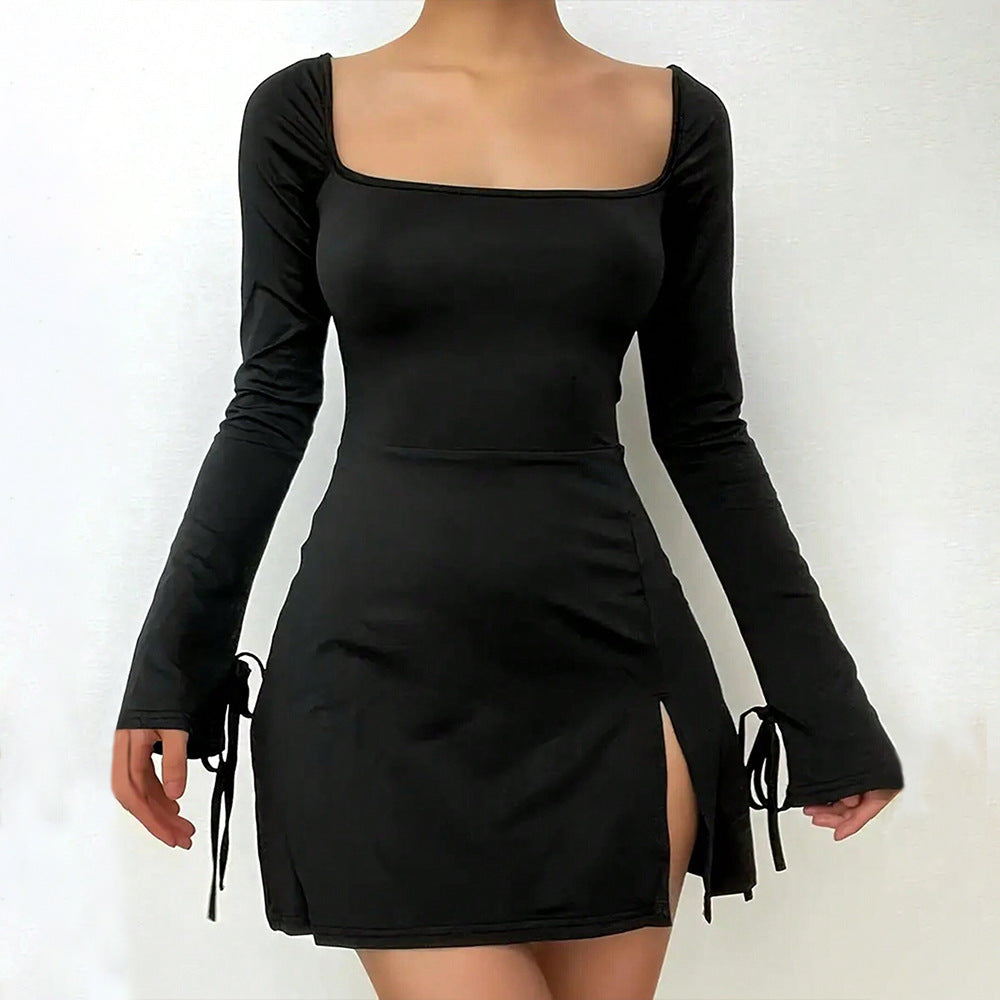 Damen figurbetontes Minikleid mit quadratischem Ausschnitt langen Ärmeln Bindbändern an den Ärmelabschlüssen und seitlichem Schlitz Nord Taschen