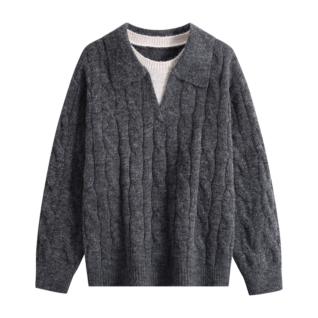 Damen Oversize Grobstrick-Pullover mit Polokragen und Zopfmuster Nord Taschen