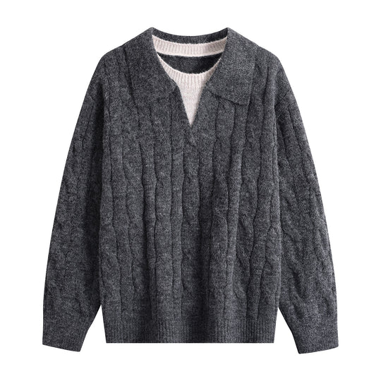 Damen Oversize Grobstrick-Pullover mit Polokragen und Zopfmuster Nord Taschen
