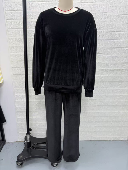 Damen Weiches Velours-Loungewear-Set mit weitem Bein und Rundhalsausschnitt Nord Taschen