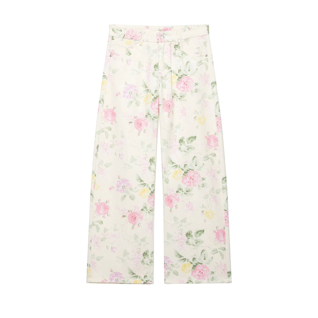 Damen Hochtaillierte weite Jeanshose mit floralem Alloverprint Nord Taschen